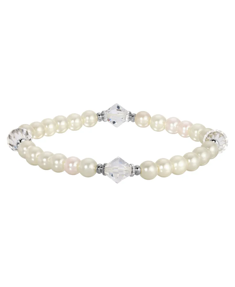 2028 Silver-Tone Imitation Pearl and Lantern Bead Stretch Bracelet