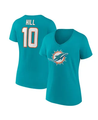 Women's Fanatics Tyreek Hill Aqua Miami Dolphins Player Icon Name and Number V-Neck T-shirt