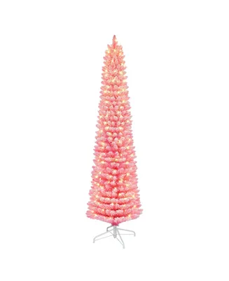 6.5' Pre-Lit Flocked Fashion Pencil Tree with 200 Underwriters Laboratories Clear Incandescent Lights, 356 Tips
