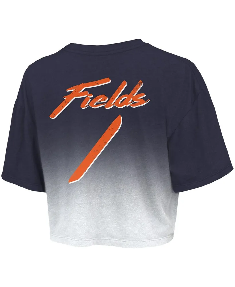 Women's Majestic Threads Justin Fields Navy, White Chicago Bears Drip-Dye Player Name and Number Tri-Blend Crop T-shirt