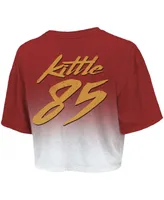 Women's Majestic Threads George Kittle Scarlet, White San Francisco 49ers Drip-Dye Player Name and Number Tri-Blend Crop T-shirt