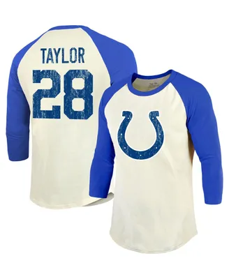 Men's Majestic Threads Jonathan Taylor Cream, Royal Indianapolis Colts Player Name and Number Raglan 3/4-Sleeve T-shirt