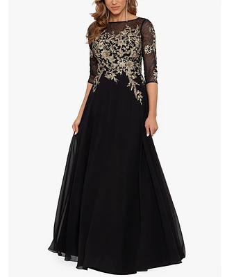 Betsy & Adam Embroidered 3/4-Sleeve Gown