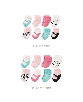 Luvable Friends Baby Boys Grow with Me Cotton Terry Socks, Pink Black Mary Janes, 0-6 and 6-12 Months