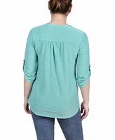 Ny Collection Petite 3/4 Roll Tab Zip Front Jacquard Knit Top