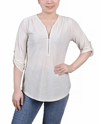 Ny Collection Petite 3/4 Roll Tab Zip Front Jacquard Knit Top