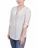 Ny Collection Petite 3/4 Roll Tab Zip Front Jacquard Knit Top