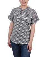 Ny Collection Petite Chiffon Short Ruffled Sleeve Crepe Knit Top