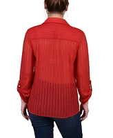 Ny Collection Petite Long Roll Tab Sleeve Burnout Knit Top