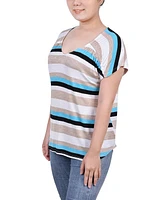 Ny Collection Petite Short Sleeve Striped V-neck Top