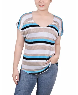 Ny Collection Petite Short Sleeve Striped V-neck Top