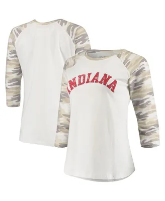 Women's White and Camo Indiana Hoosiers Boyfriend Baseball Raglan 3/4 Sleeve T-shirt