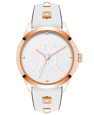 Steve Madden Women's Analog White Synthetic Leather with Rose Gold-Tone Alloy Accents Strap Watch, 38mm - Rose Gold