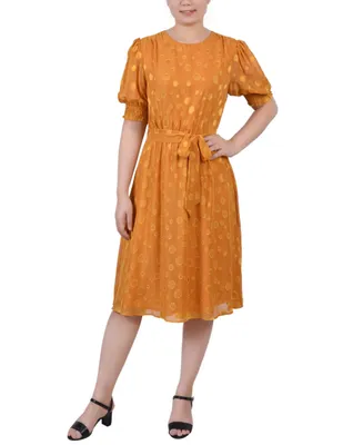 Ny Collection Women's Elbow Sleeve Swiss Dot Dress - Inca Gold
