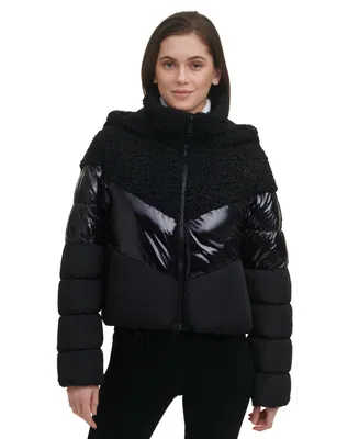 Dkny Women's Mixed-Media Hooded Cropped Puffer Jacket