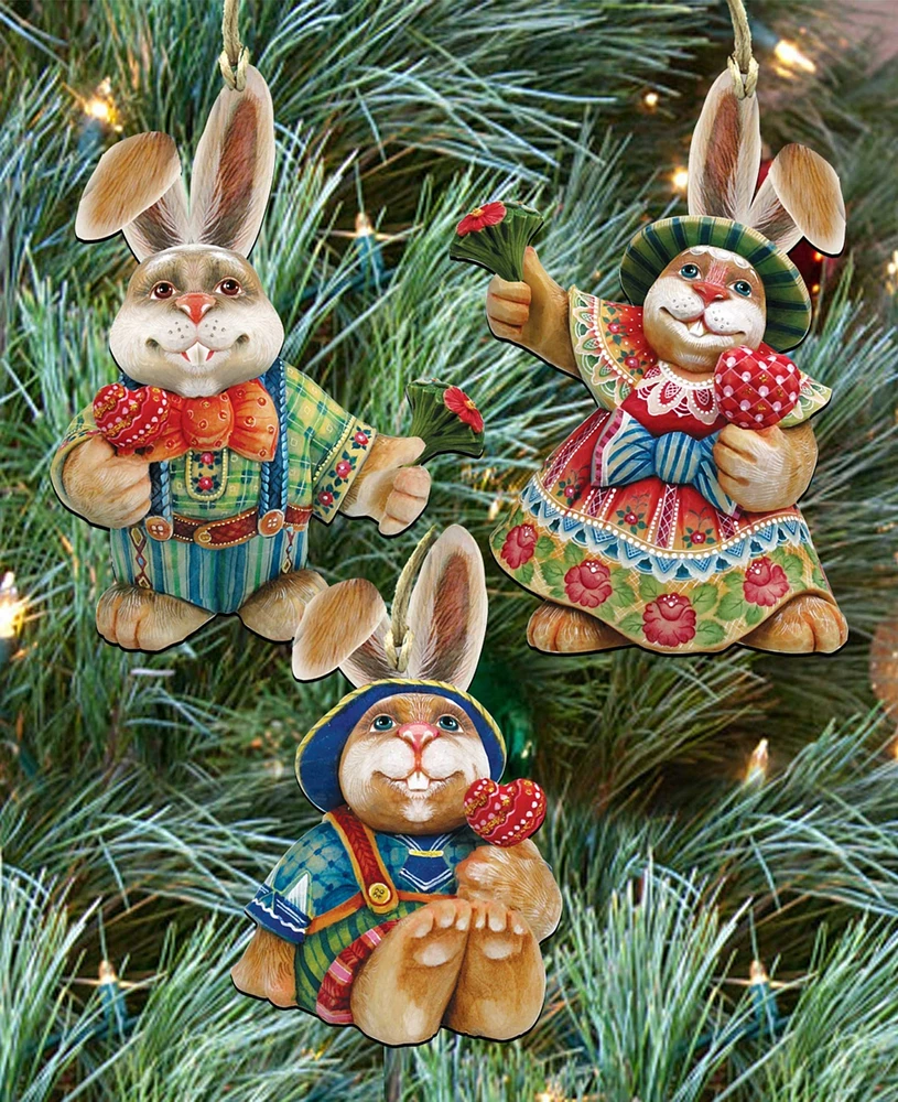 Designocracy Bunny Family Rustic Holiday Ornaments, Set of 3