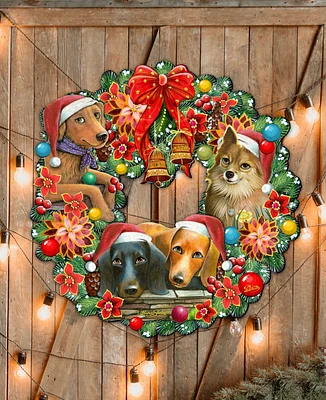 Designocracy Christmas Friends Puppy Wreath Holiday Outdoor Decor Large Ornament