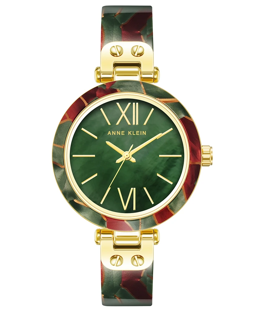 Anne Klein Women's Three-Hand Quartz Green and Burgundy Resin with Gold-Tone Alloy Accents Bangle Watch, 34mm