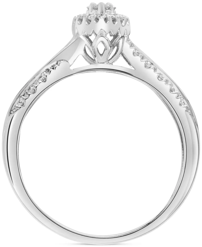 Diamond Round & Baguette Halo Cluster Engagement Ring (1/4 ct. t.w.) in 14k White Gold