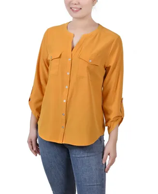 Petite Size 3/4 Sleeve Roll Tab Y-neck Blouse - Golden