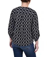 Petite 3/4 Sleeve Roll Tab Y Neck Blouse