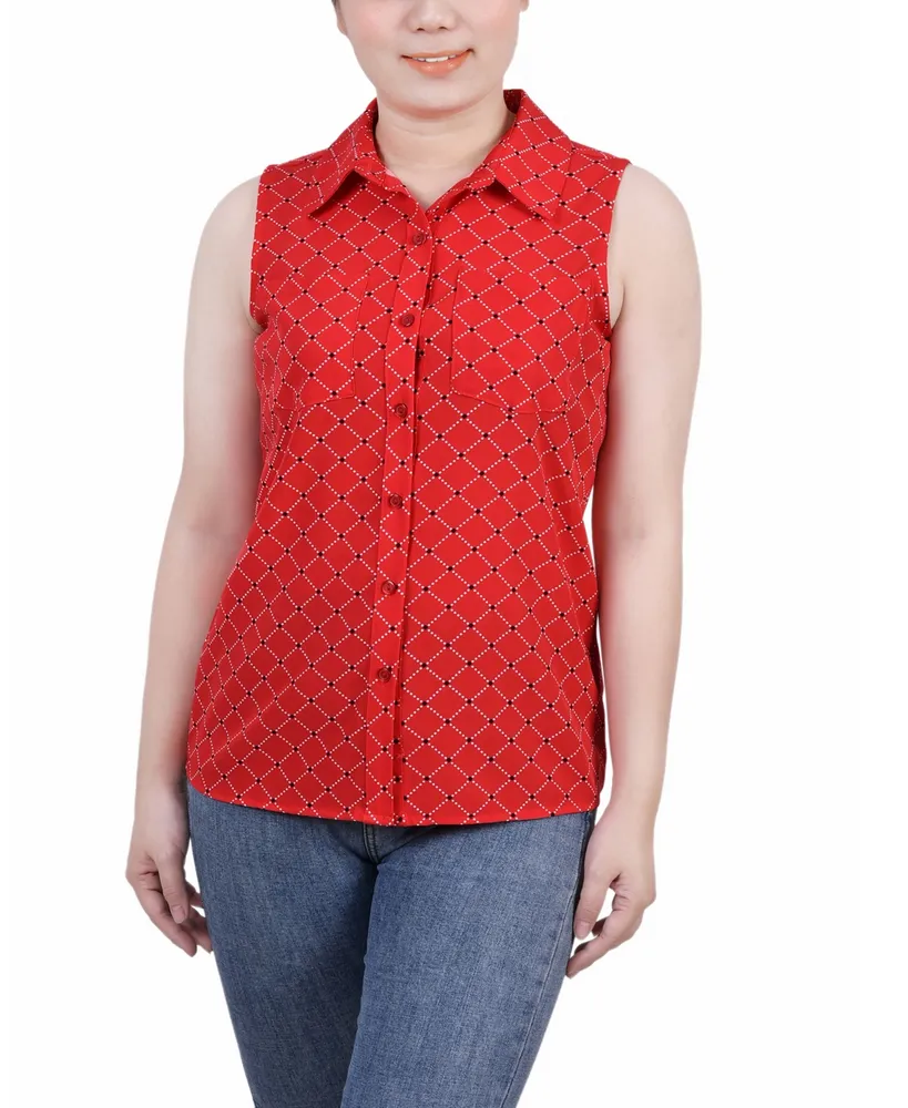 Ny Collection Petite Sleeveless Notch Collar Button Front Blouse