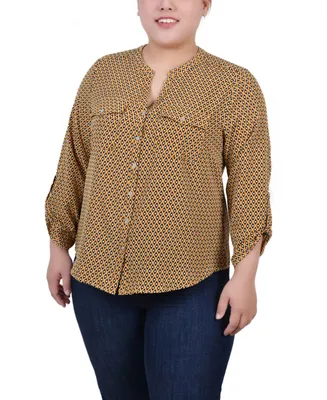 Ny Collection Plus 3/4 Sleeve Roll Tab Y Neck Blouse
