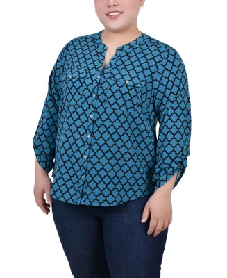 Ny Collection Plus Size 3/4 Sleeve Roll Tab Y Neck Blouse