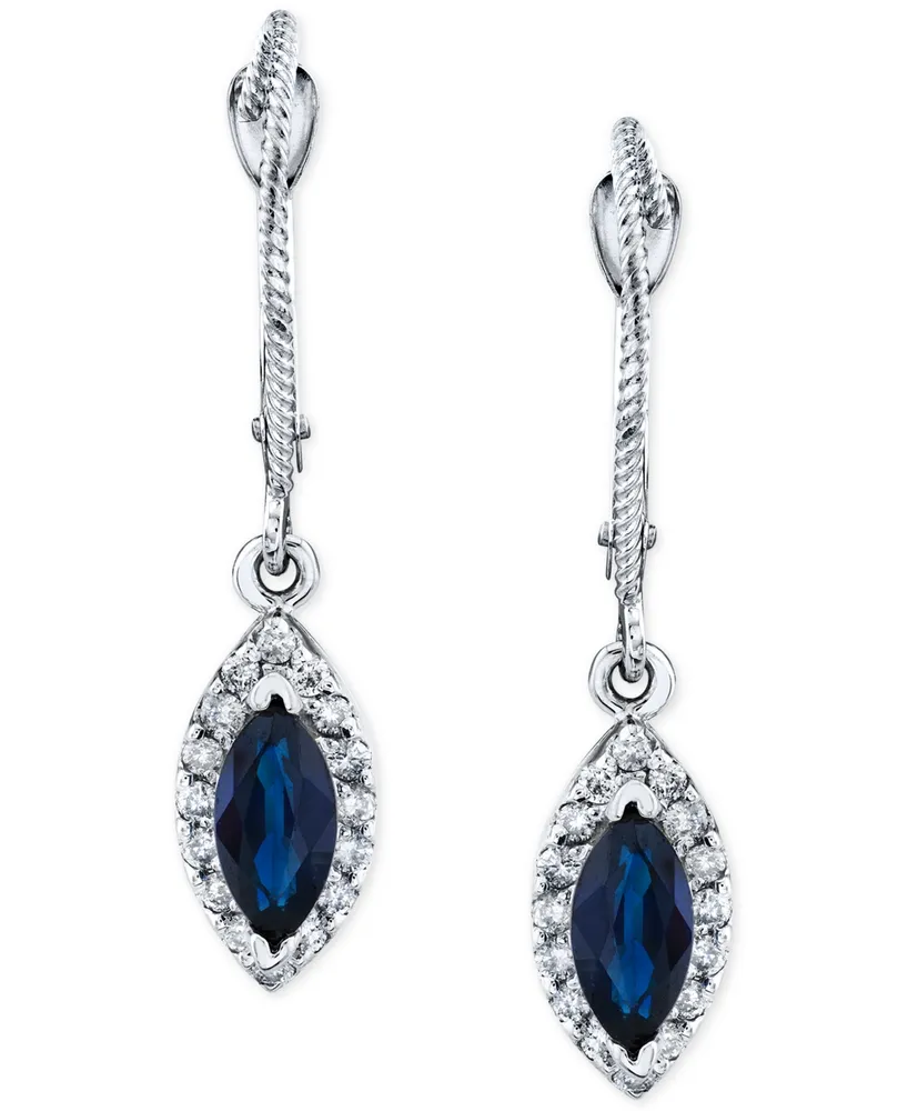 Sapphire (1-1/10 ct. t.w.) & Diamond (1/4 ct. t.w.) Marquise Halo Drop Earrings in 14k White Gold