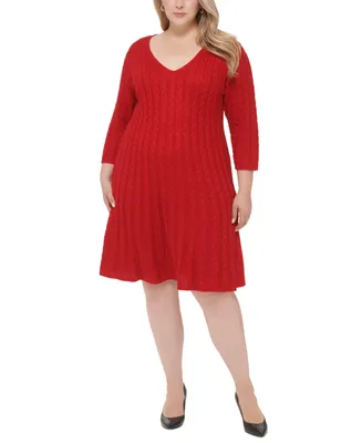 Jessica Howard Plus Size V-Neck Cable-Knit Sweater Dress