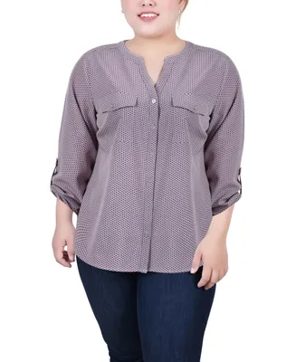 Ny Collection Plus Size 3/4 Sleeve Roll Tab Y Neck Blouse
