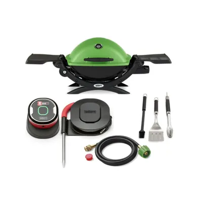 Weber Q 1200 Gas Grill (Green) With Adapter Hose, Thermometer And Tool