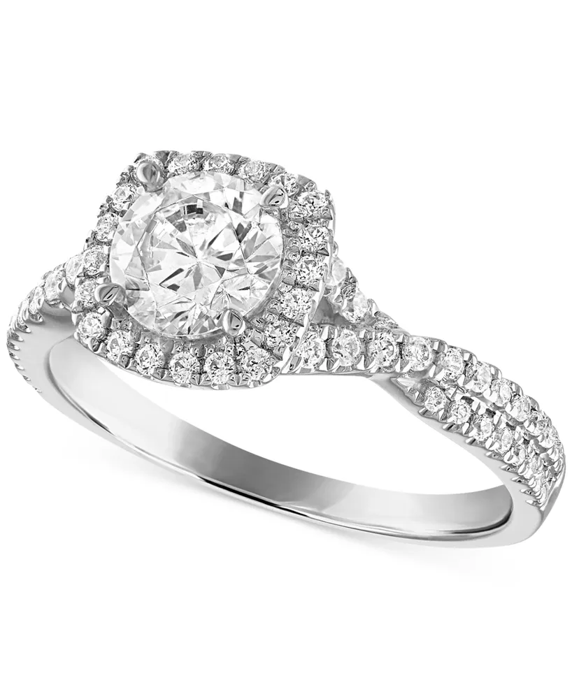 Alethea Certified Diamond Halo Engagement Ring (1-1/3 ct. t.w.) in 14k White Gold featuring diamonds with the De Beers Code of Origin, Created for Mac