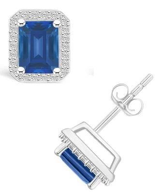 Macy's Lab Grown Sapphire (2-1/3 ct. t.w.) and Lab Grown White Sapphire (1/4 ct. t.w.) Halo Studs in 10K White Gold
