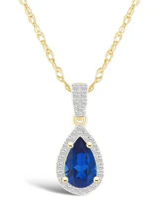 Macy's Lab Grown Sapphire (1 ct. t.w.) and Lab Grown White Sapphire (1/6 ct. t.w.) Halo Pendant Necklace in 10K Yellow Gold
