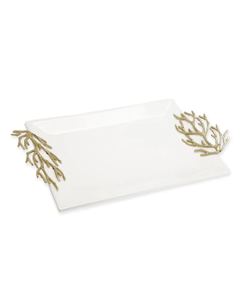 Classic Touch Ceramic Tray with Coral Design Handles, 17.5" x 10.5" - White and Gold