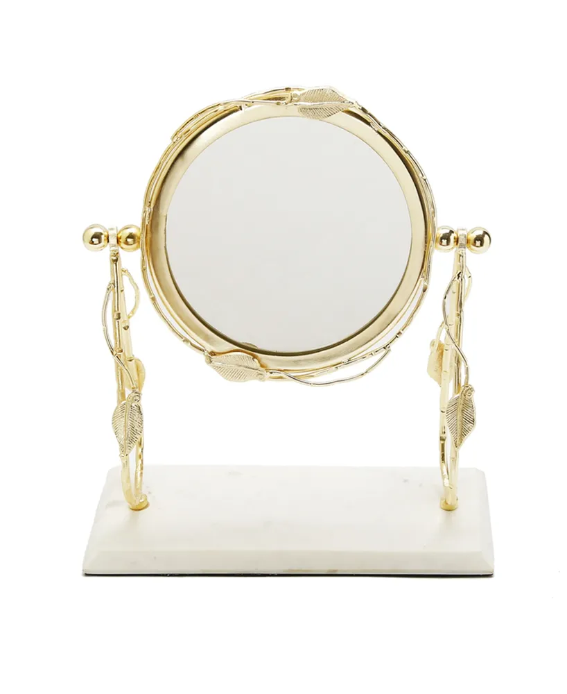 Classic Touch Table Mirror with Leaf Design Border and Marble Base, 5" x 14" - Gold
