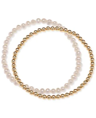 2-Pc. Set Cultured Freshwater Pearl (4-1/2 - 5mm) & Polished Bead Stretch Bracelets in 18k Gold-Plated Sterling Silver
