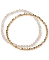 2-Pc. Set Cultured Freshwater Pearl (4-1/2 - 5mm) & Polished Bead Stretch Bracelets 18k Gold-Plated Sterling Silver