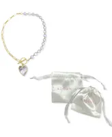 Imitation Pearl and Chain Heart Toggle Necklace - Yellow Gold