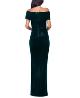 Xscape Women's Velvet Off-The-Shoulder Leg-Slit Gown