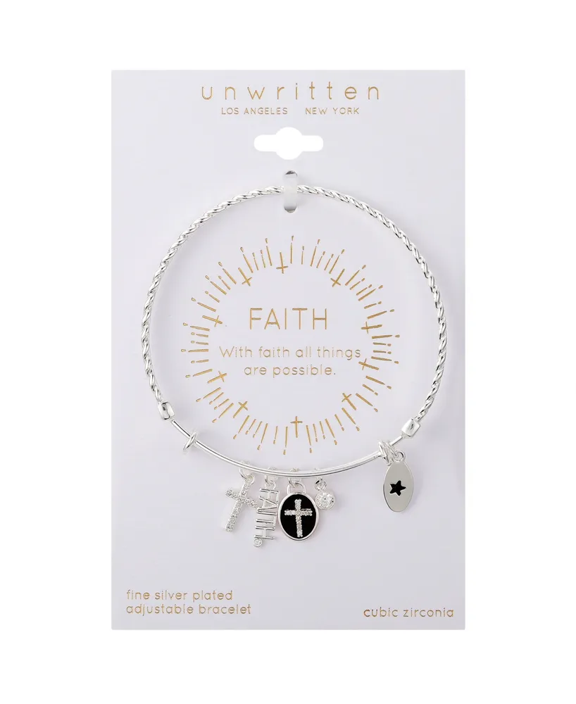Unwritten Silver-Plated Cross "Faith" Multi Charm Twist Design Bangle Bracelet