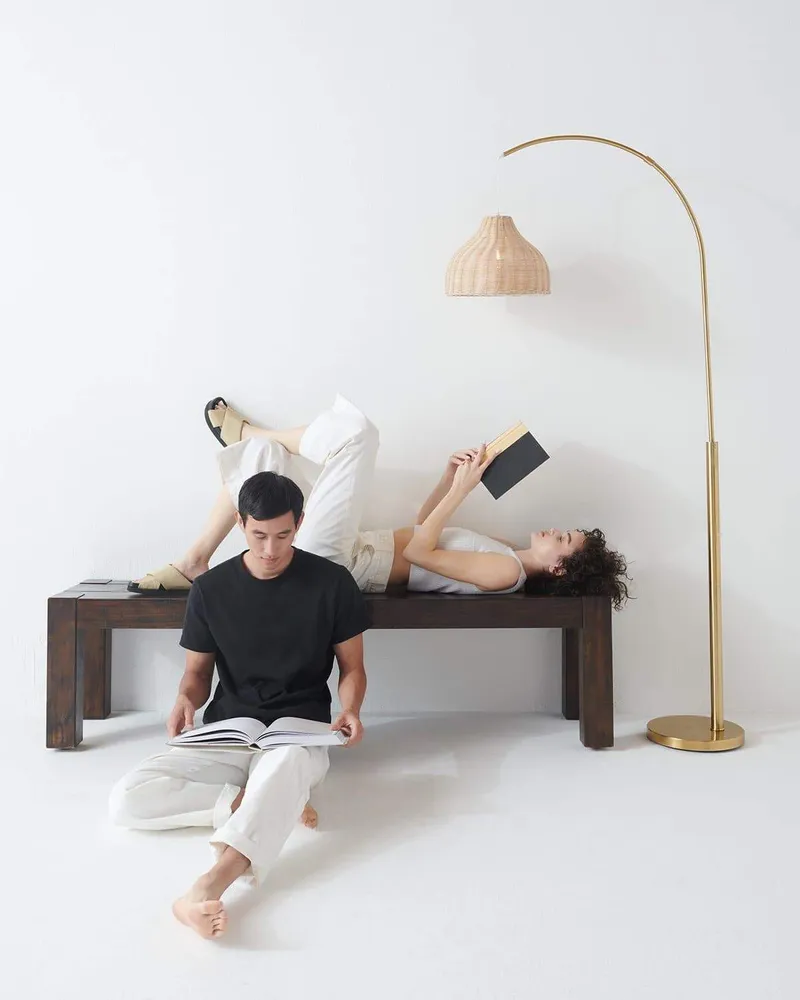 Brightech Lark Led Modern Arc Floor Lamp with BoHo Wicker Shade - Antique