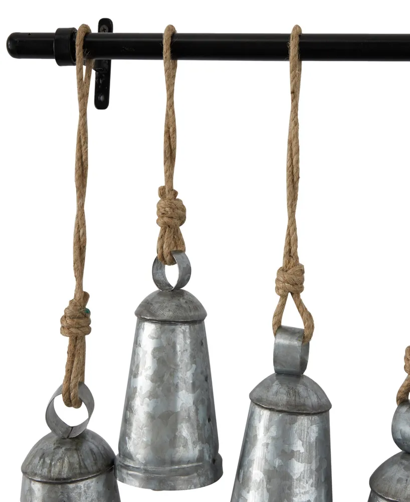 Rosemary Lane Gray Metal Tibetan Inspired Meditation Decorative Cow Bell with Jute Hanging Rope and Rod 48" x 5" 28"