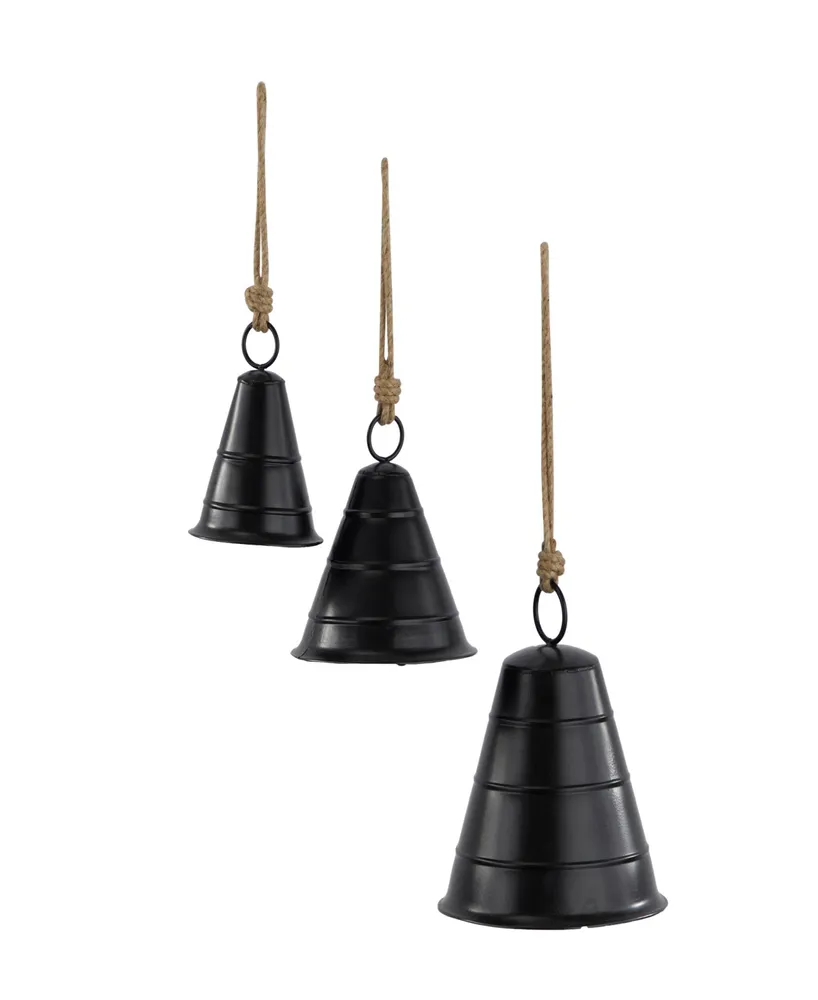 Rosemary Lane Black Metal Bohemian Decorative Cow Bell with Jute Hanging Rope Set 3 Pieces