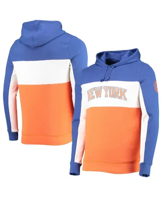Men's Junk Food Blue, White New York Knicks Wordmark Colorblock Fleece Pullover Hoodie