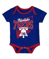 Newborn and Infant Boys Girls Mitchell & Ness Blue, Red Philadelphia 76ers 3-Piece Hardwood Classics Bodysuits Cuffed Knit Hat Set