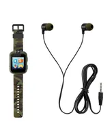 Playzoom Kid's Dark Green Camo Prints Silicone Strap Touchscreen Smart Watch 42mm with Earbuds Gift Set