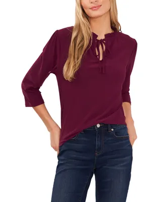 CeCe Women's 3/4-Sleeve Tie-Front Ruffle Neck Knit Top