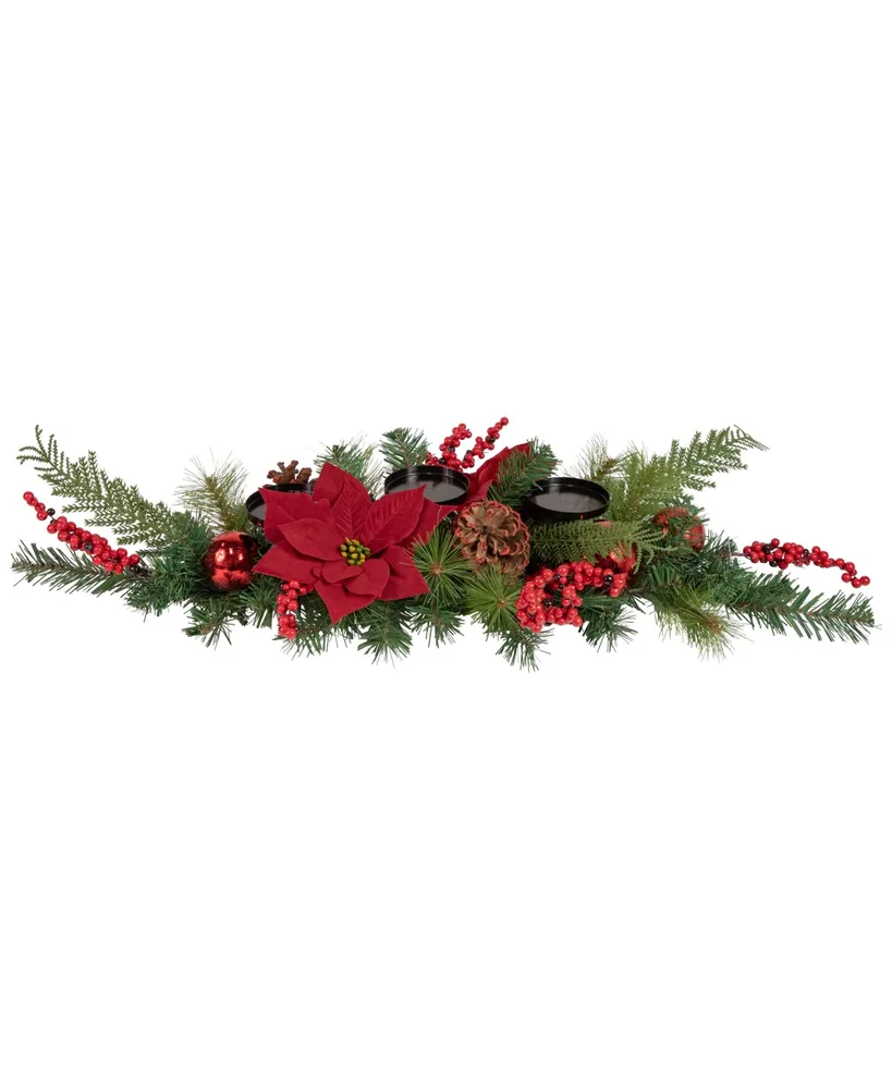 Northlight Artificial Mixed Pine Berries and Poinsettia Christmas Candle Holder Centerpiece, 32"